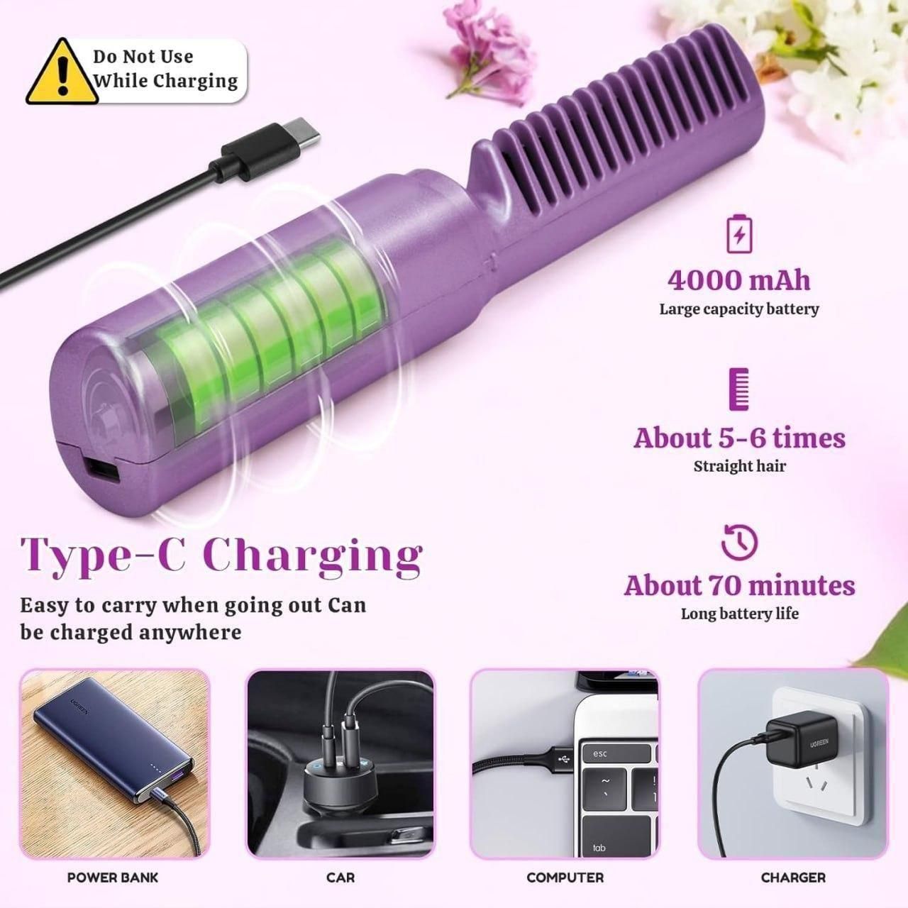 Meneflix Cordless Mini Hair Straightener | Rechargeable, Adjustable Hot Comb for Travel & Quick Styling